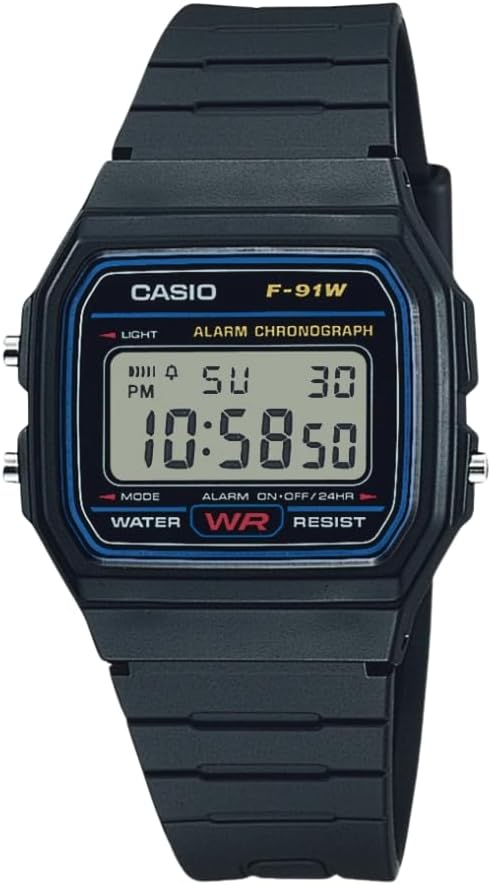 Casio Série F91W | Relógio digital | Resistente à água | Luz LED | Cronômetro de 1/100 SEC | Tempo regular (HR, min, SEC, PM, data, dia) | Alarme diário | Leve | Bateria de 7 anos
