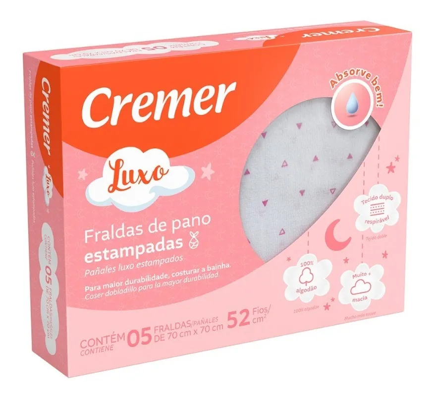 Fralda Pano Menina Estampada 100% Algodão Caixa Com 5 Cremer