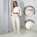 Conjunto Moletom Flanelado Cropped Calça Pantalona Tendência