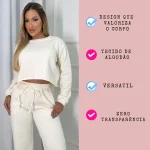 Conjunto Moletom Flanelado Cropped Calça Pantalona Tendência